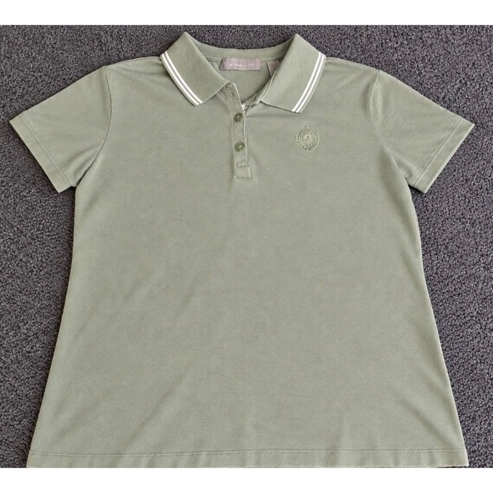 Liz Claiborne Polo Shirt Womens Medium Sage Green Tipped Collar Crest Logo